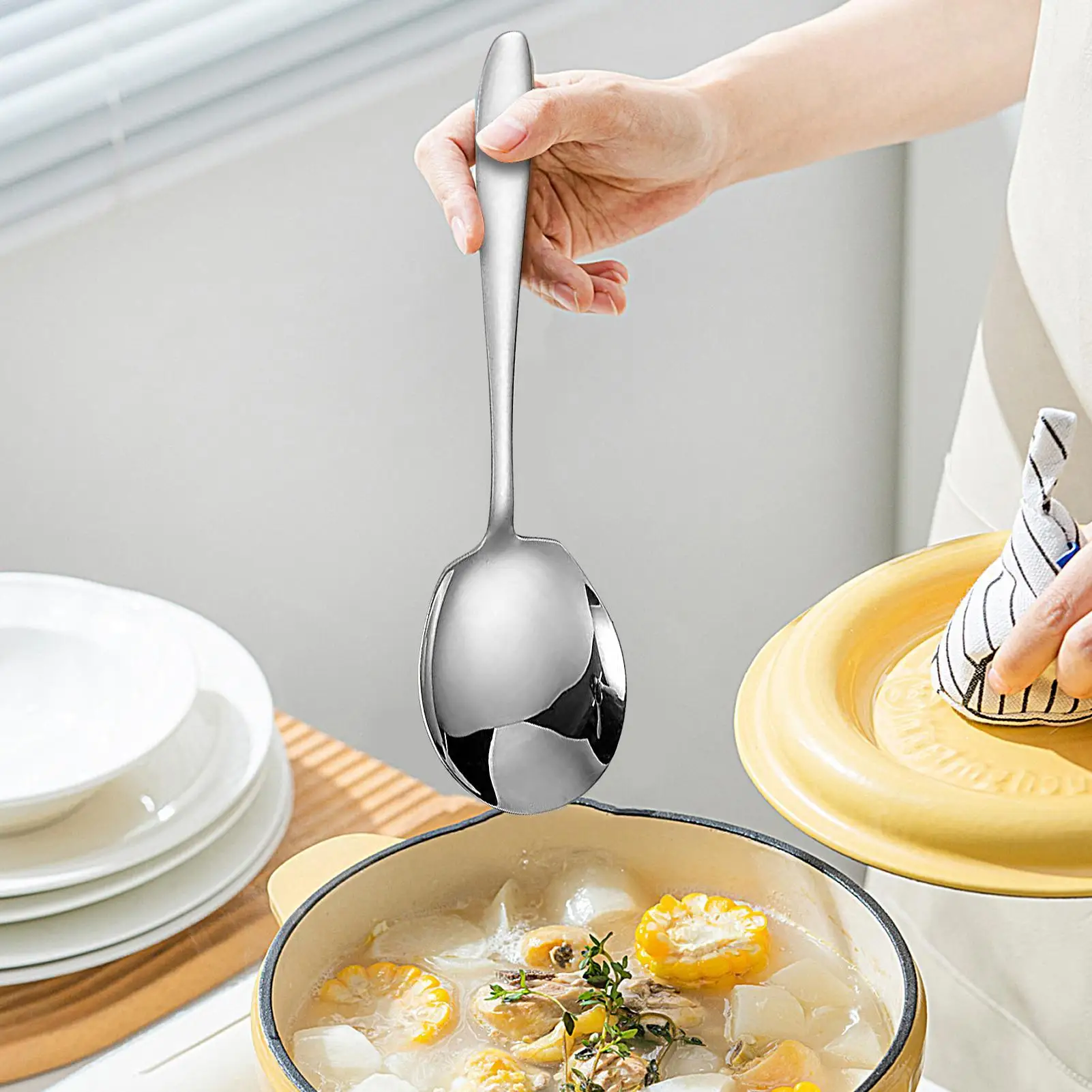 Large Stainless Steel Serving Spoon, Ergonomic Handle Heavy Duty Kitchen Utensil, Dishwasher Safe Silverware for Weddings party
