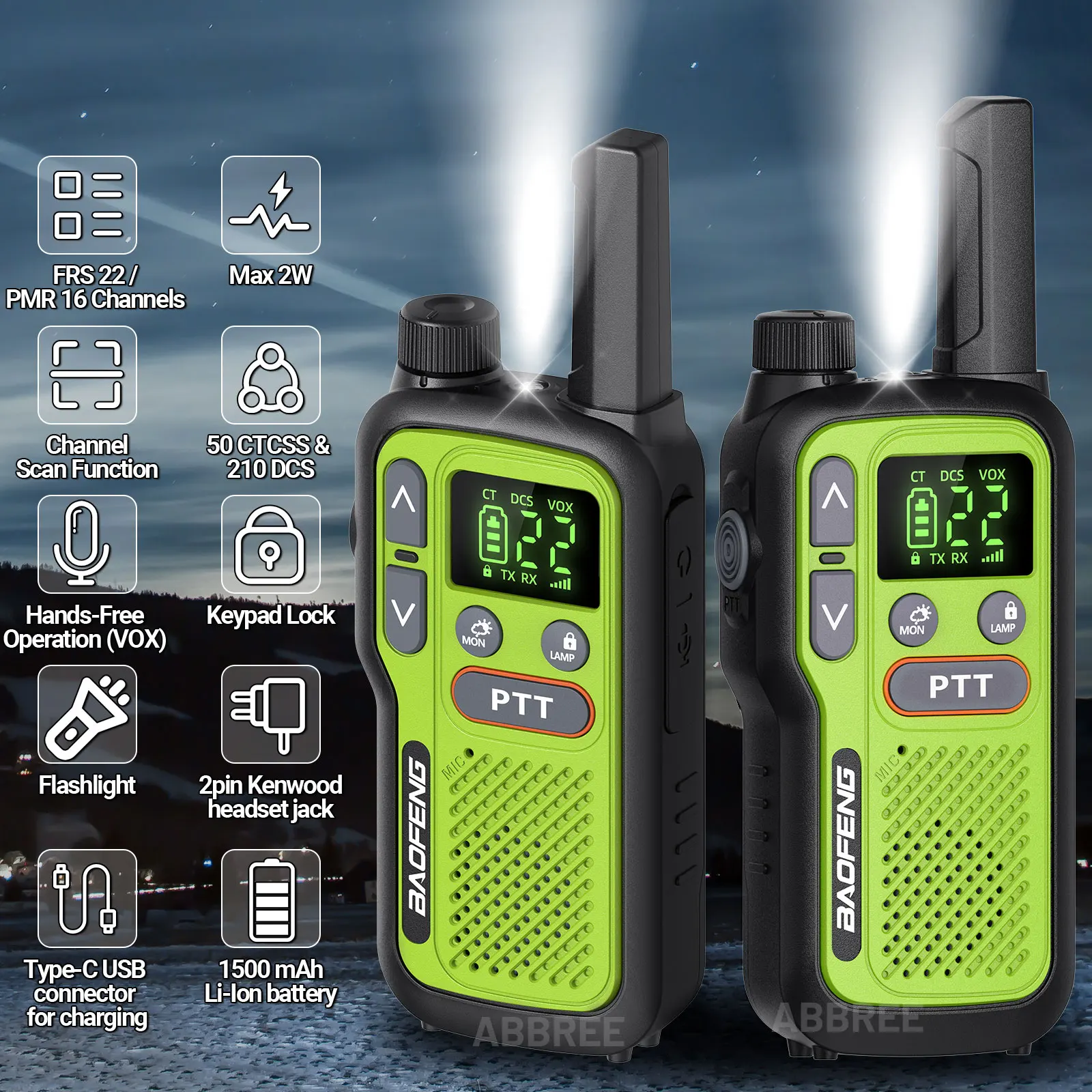 2PCS Baofeng BF-T18 Mini Dual PTT Walkie Talkie Flashlight  Portable PMR 446 FRS Support Type-C Charger NOAA For Hunting Camping