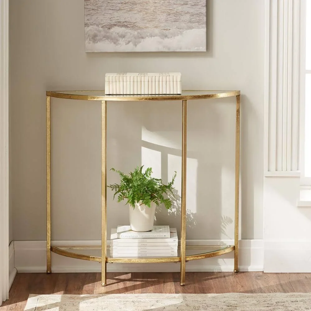 US  Bella Gold Metal and Glass Half-Moon Console Table with Storage (30 in. H x 32 in. L)