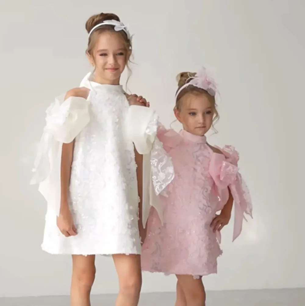 Robes à fleurs blanches personnalisées pour filles, pour mariage, paillettes, papillons, épaules dénudées, robe de luxe pour fête d'anniversaire pour petite fille