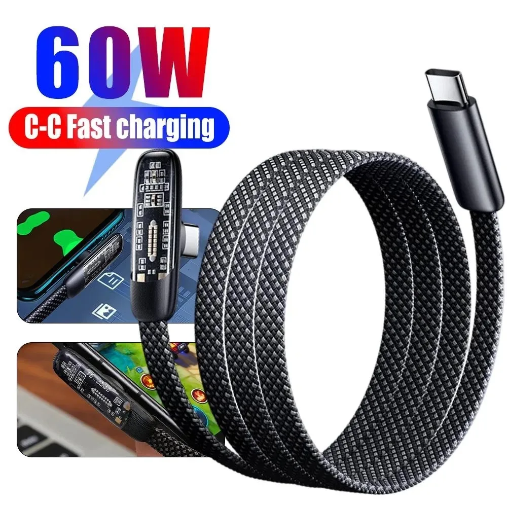 60W Fast Charging Cable with Type C To Type C 90 Degree USB C Data Line Flat-cable Wire for Iphone 17 16 Samsung Xiaomi Huawei