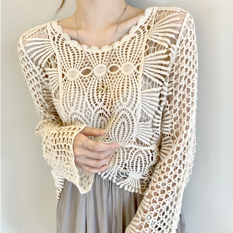 Boho Crochet Knit Top for Women Embroidery Lace Long Sleeve Openwork Pullovers Summer Cover Up Vacation Outfit