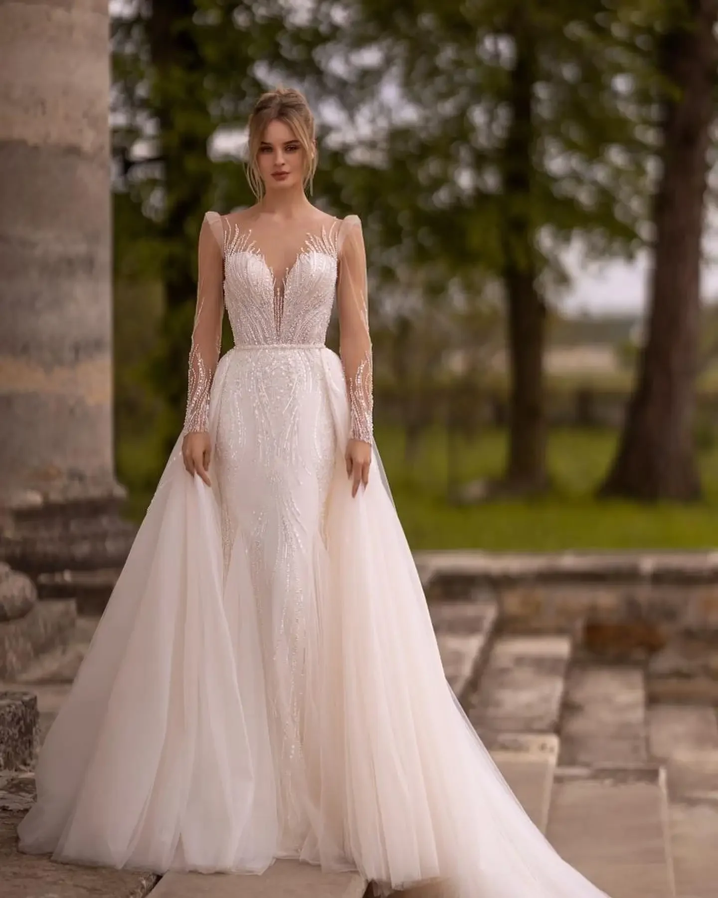 

Flavinke Customized Luxurious Beaded Lace Applique Long Sleeves Mermiad Wedding Dresses Detachable Trian 2 IN 1 Brdidal Grown