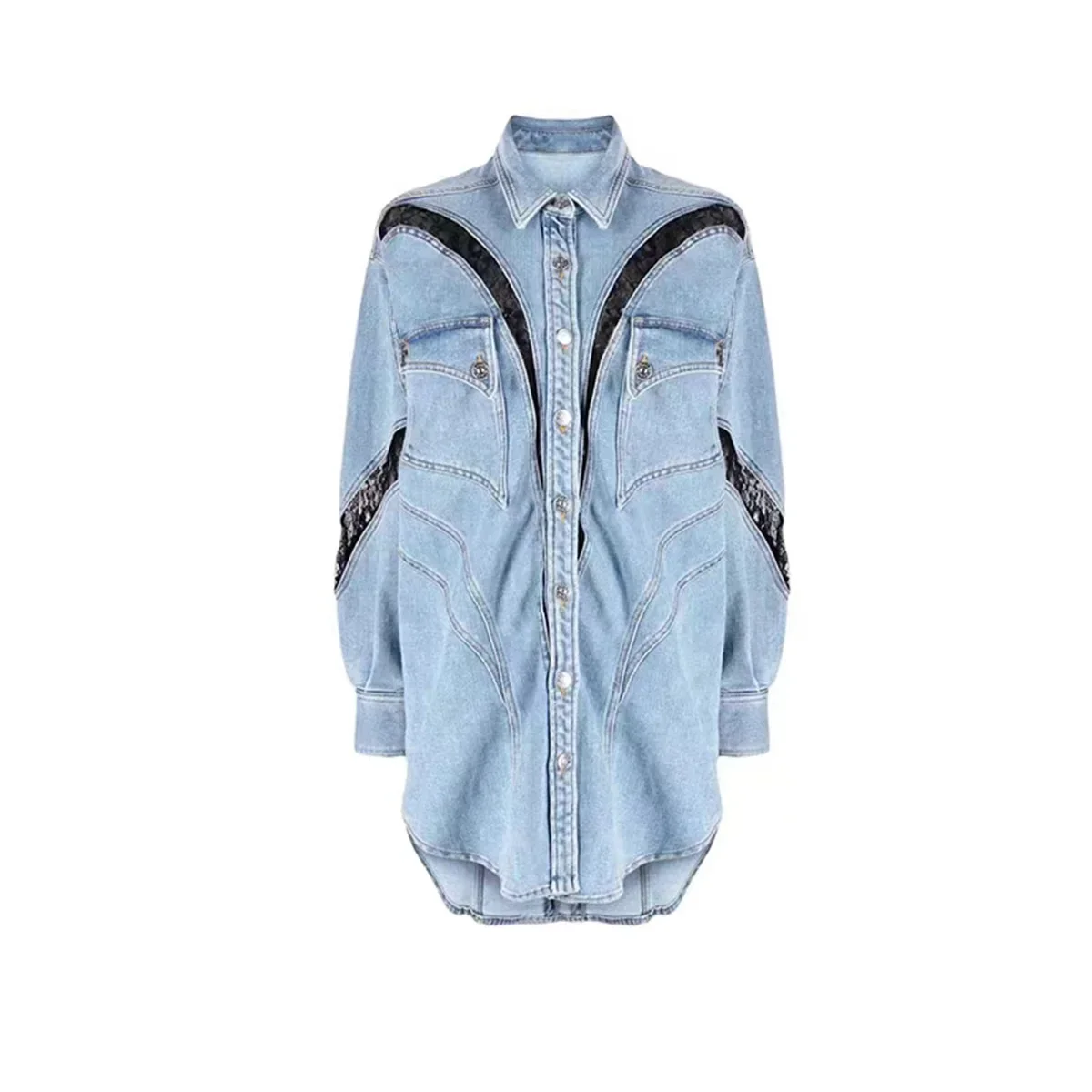 Denim Damesshirt Met Kanten Dames Zakelijk Werkkleding Met Lange Mouwen 1 Stuk Blazerjack Lente Casual Jas