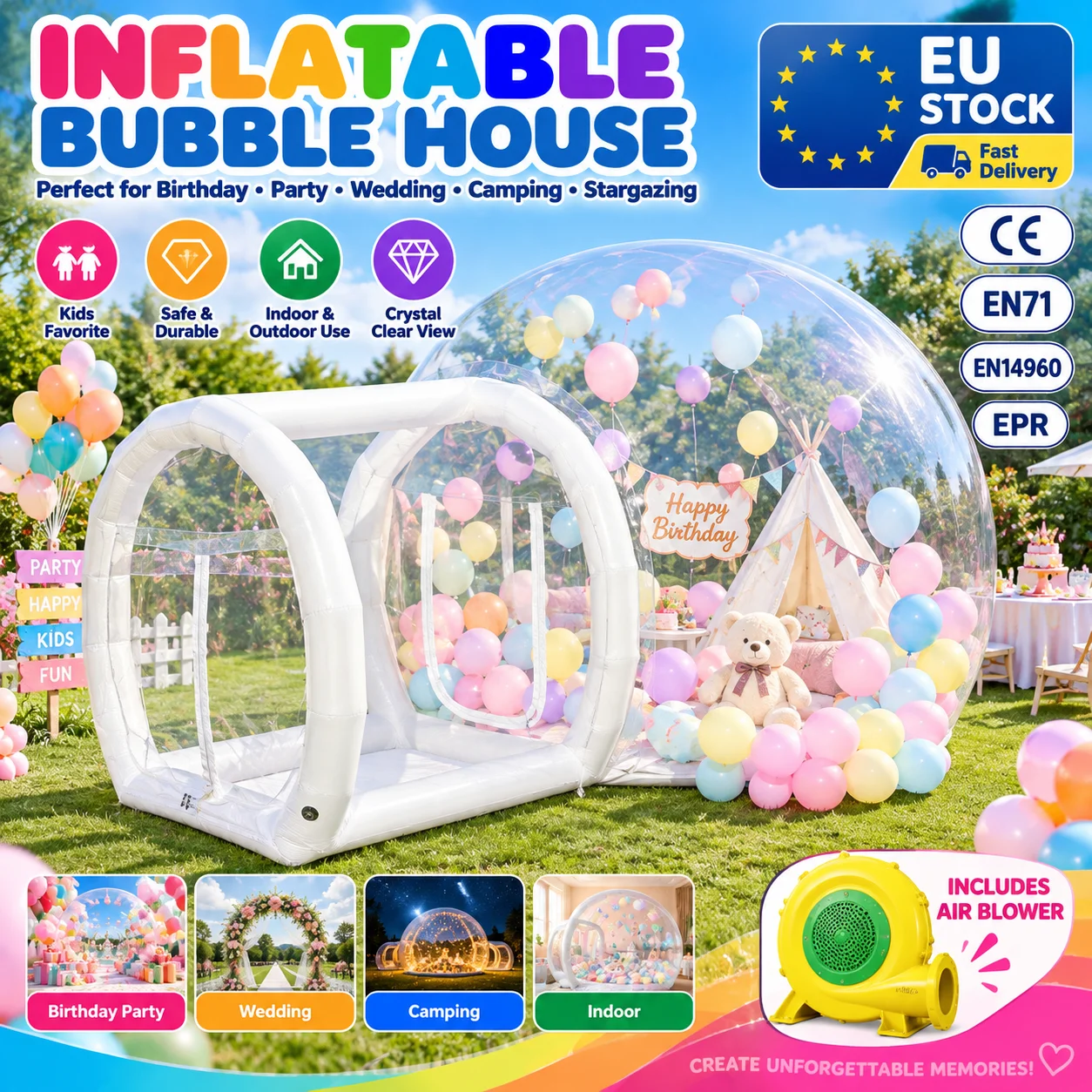 Casa Burbuja Inflable, Carpa Domo de PVC Transparente de 0.5mm, Stock Europeo, para Fiestas de Cumpleaños Infantiles, Bodas, Campamentos, Observación de Estrellas, con Soplador, CE EN71 EN14960 EPR, Entrega Rápida