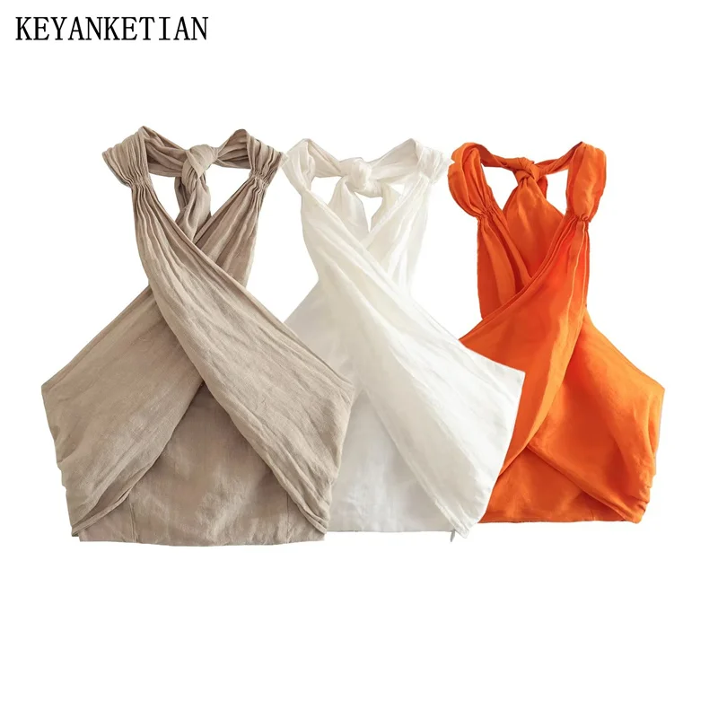 

KEYANKETIAN Summer New Women's Linen Blend Short Vest Holiday Wind Cross Halter Lace Up Sleeveless Crop Top Elastic Camis Tank