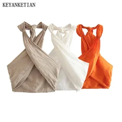 KEYANKETIAN Summer New Women's Linen Blend Short Vest Holiday Wind Cross Halter Lace Up Sleeveless Crop Top Elastic Camis Tank