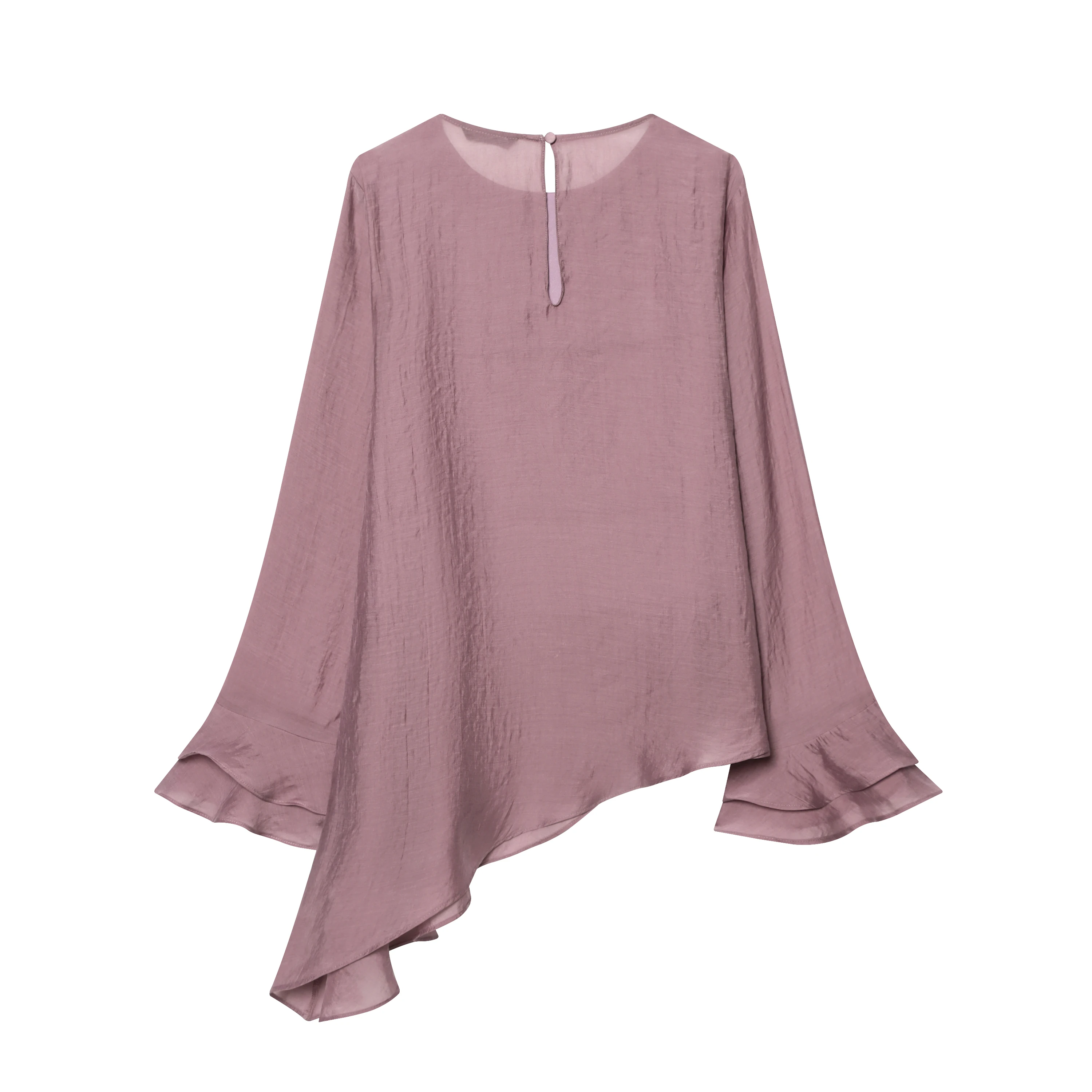 KONDALA Chic Solid Brown Asymmetric Tiered Fashion 2026 Spring Blouse O-Neck Elegant Shirt Flare Sleeve Party Pink Female Shirt
