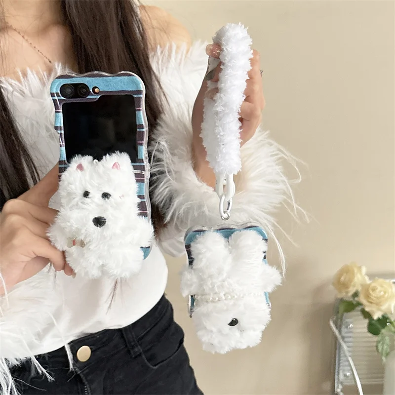 For Samsung Galaxy Z Flip 6 5 4 3 Case Z Flip6 ZFlip 6 ZFlip6 3D Plush Dog Lanyard Wave Shockproof Cover
