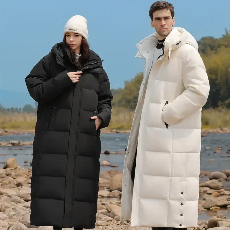 Couple Jacket Light Luxury Goose Down Jacket Winter Fashion Hooded Long Over-the-Knee Parka Casual Windproof Male Parker Coat