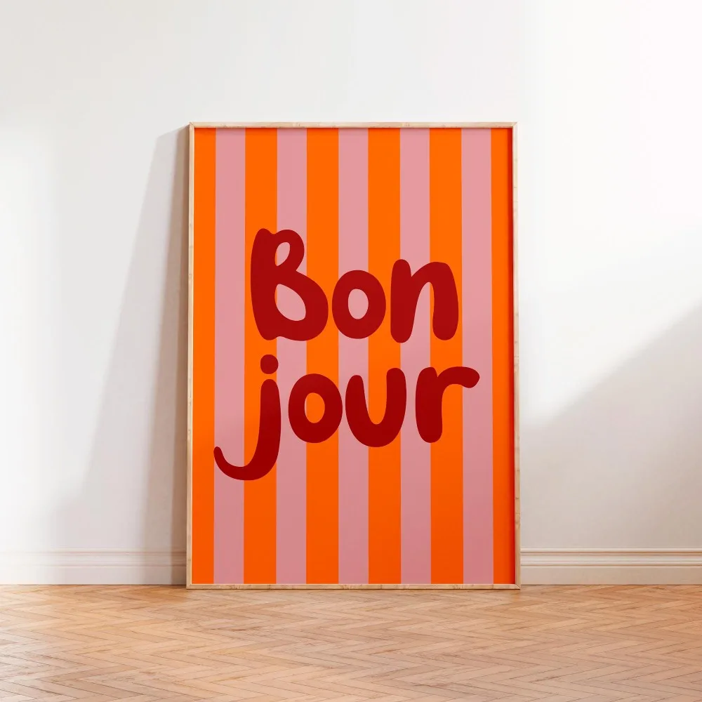 1 Piece of Frameless Canvas Poster,Hello,Bonjour,Bold Multicolor Striped Art Poster Canvas Decor Painting,Living Room Wall De