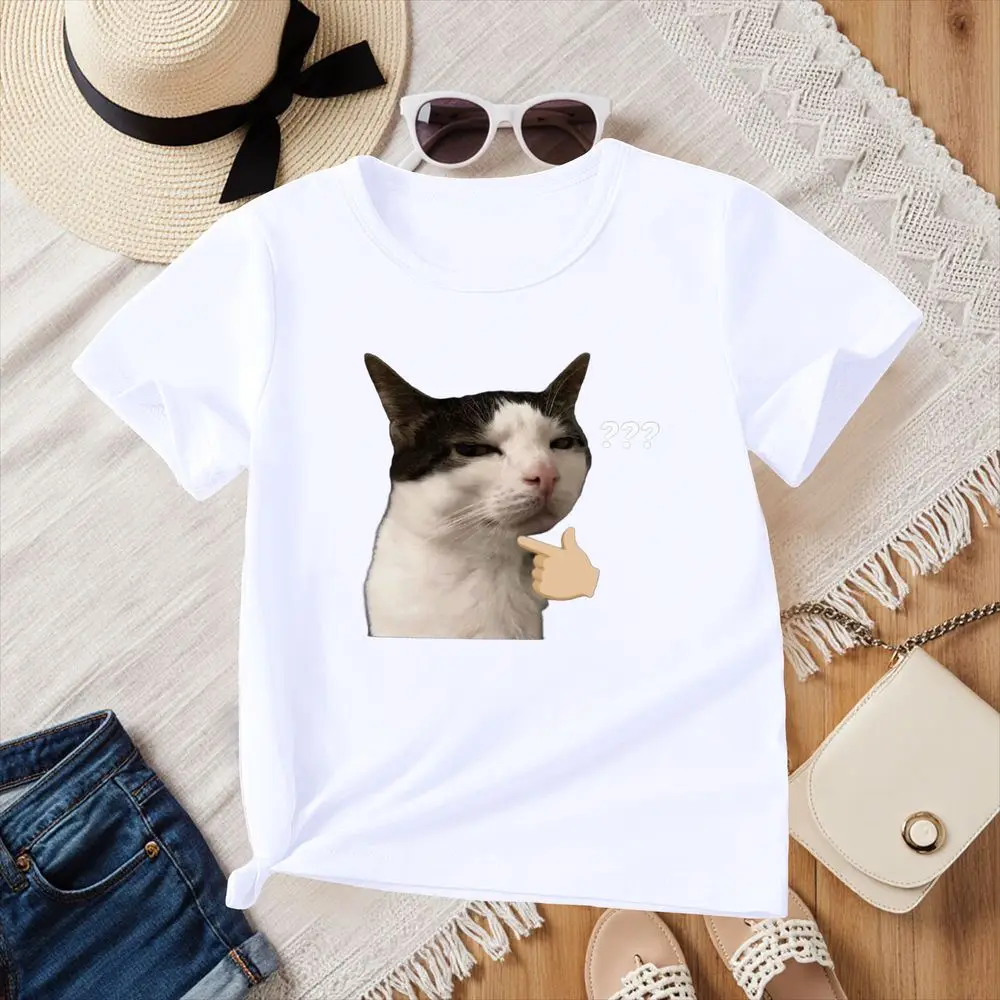 Viral Cat Meme Graphic T-Shirt Summer Short Sleeve Vintage Casual Y2k Cat Reaction Graphic Clearance Sales for Woman Clothing