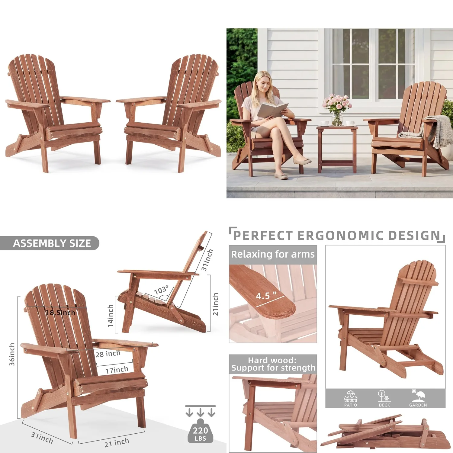 

Wooden Folding Adirondack Chair Set of 2 Pre Assembled Backrest Patio Garden Backyard Pool Deck Firepit, Customized