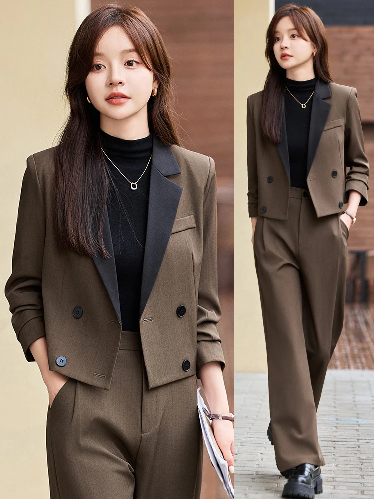 Coffe Brown Short Suit Set Women's Elegant Goddess Style High-End Feel Small Size Short Coat Spring Autumn New Arrival