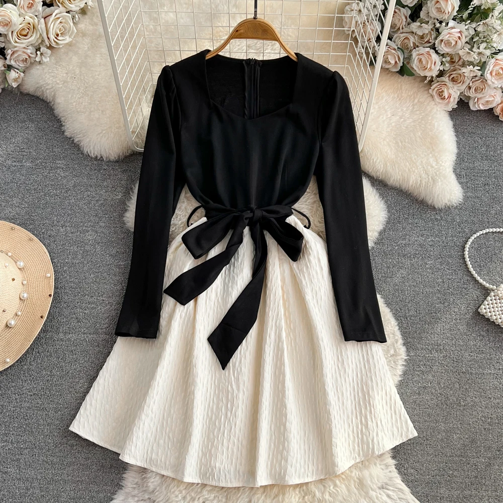 

French Style Temperament Ladies Dress Fashion Square Collar Full Sleeve Lace-up Women Dress Skinny A-line Mid Length Vestidos