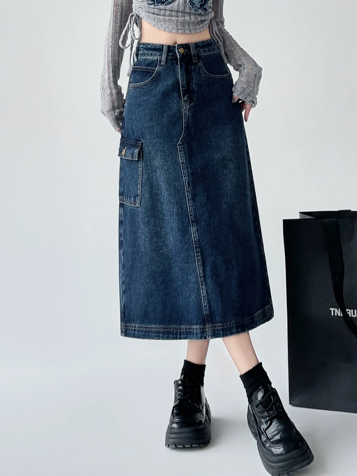 ZHISILAO New Pocket Long Skirt Women Vintage Casual Blue High Waist A-line Skirt Spring 2024