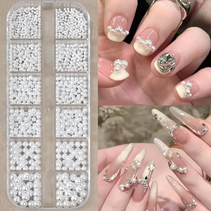 12 Grids Half Round Pearls Bead 3D Nail Charms 1.5/2/2.5/3/4/5 Mm White Flatback Pearls Nail Jewelry Nail Craft Pearl Rhinestone