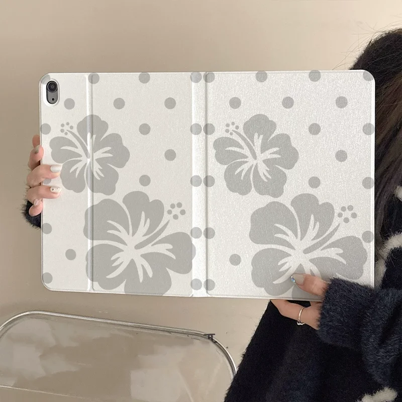 gray Polka Dot Hibiscus Flower Tablet Case For iPad Pro 13 11 Air 3 2 11th A16 12.9'' 10 9 8 7 6 5 Th Mini 7 6 5 4 1 Case