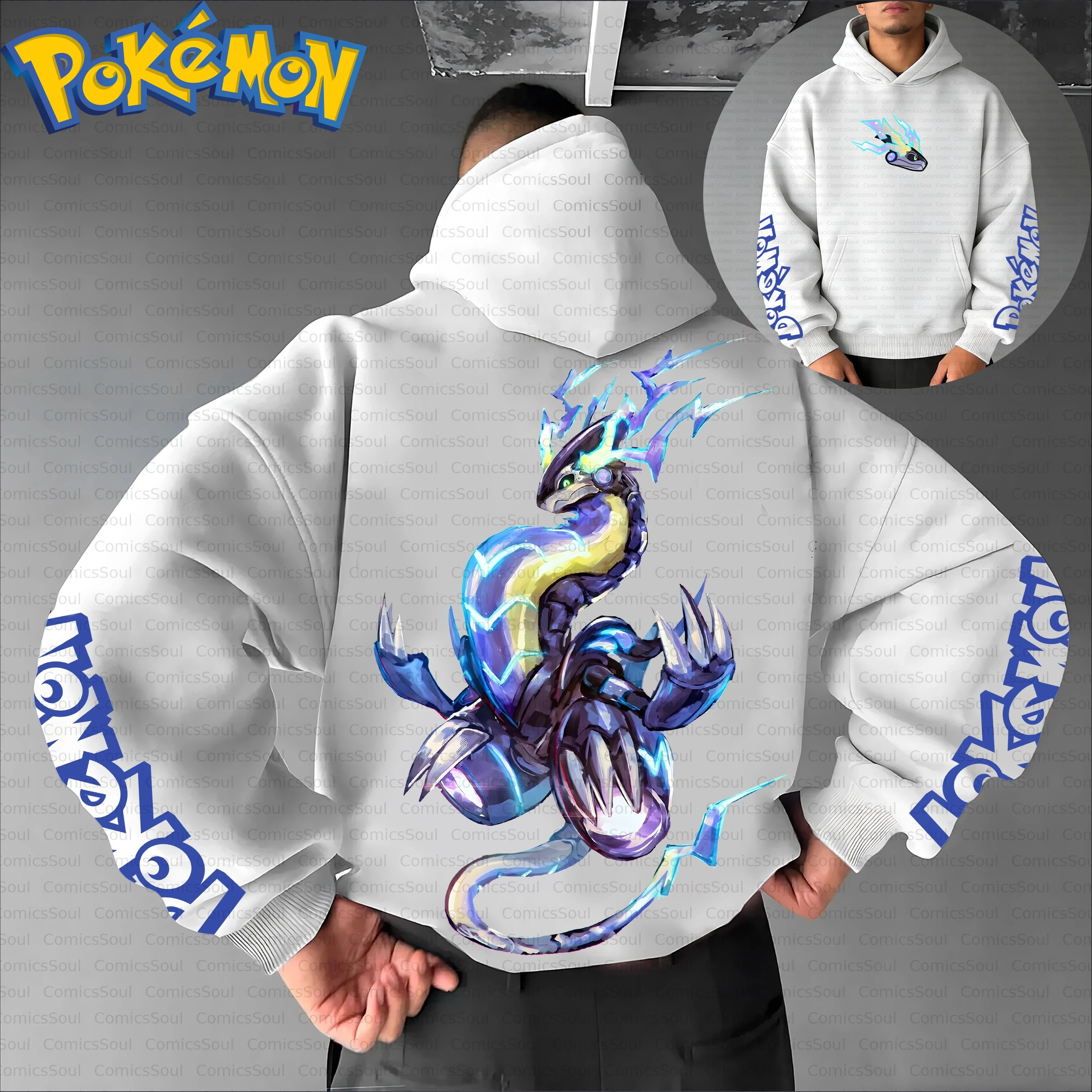 

Белая толстовка с капюшоном и брюки с изображением покемонов, хлопковый комплект с принтом персонажей аниме Dialga и длинными рукавами в стиле Харадзюку, повседневная уличная одежда
