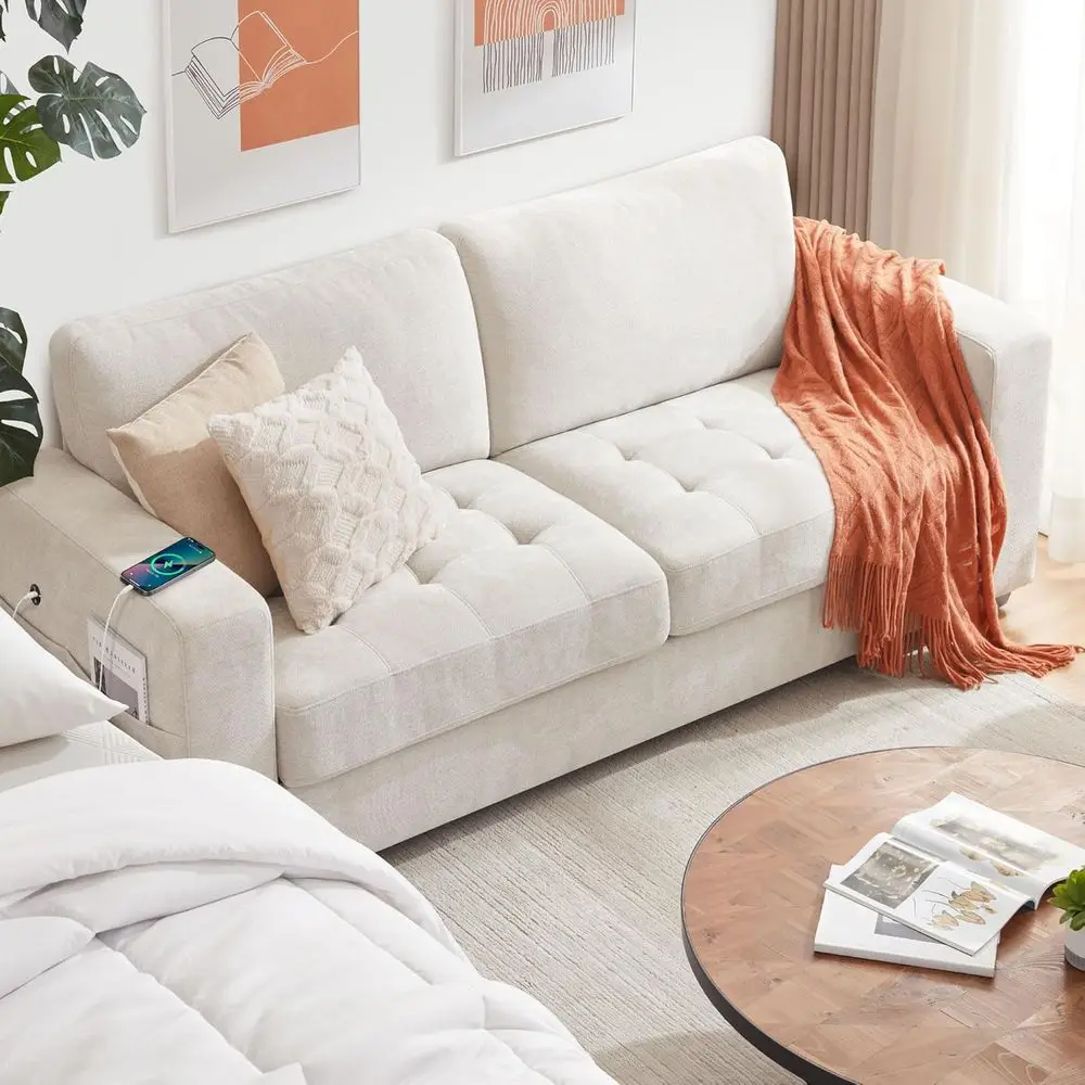 Sofás de 2 Plazas para Sala de Estar, Tela Chenille con Asientos Extra Grandes, Puertos USB/Tipo-C, Bolsillos Laterales, Tapizado Extraíble de Firmeza Media