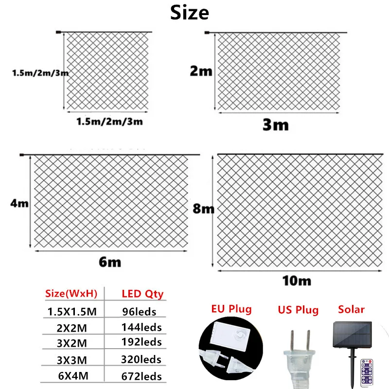 Solar Power LED Net String Lights, Guirlandas de rua, Decorações de Natal, ao ar livre, Ano Novo, Festa de Casamento