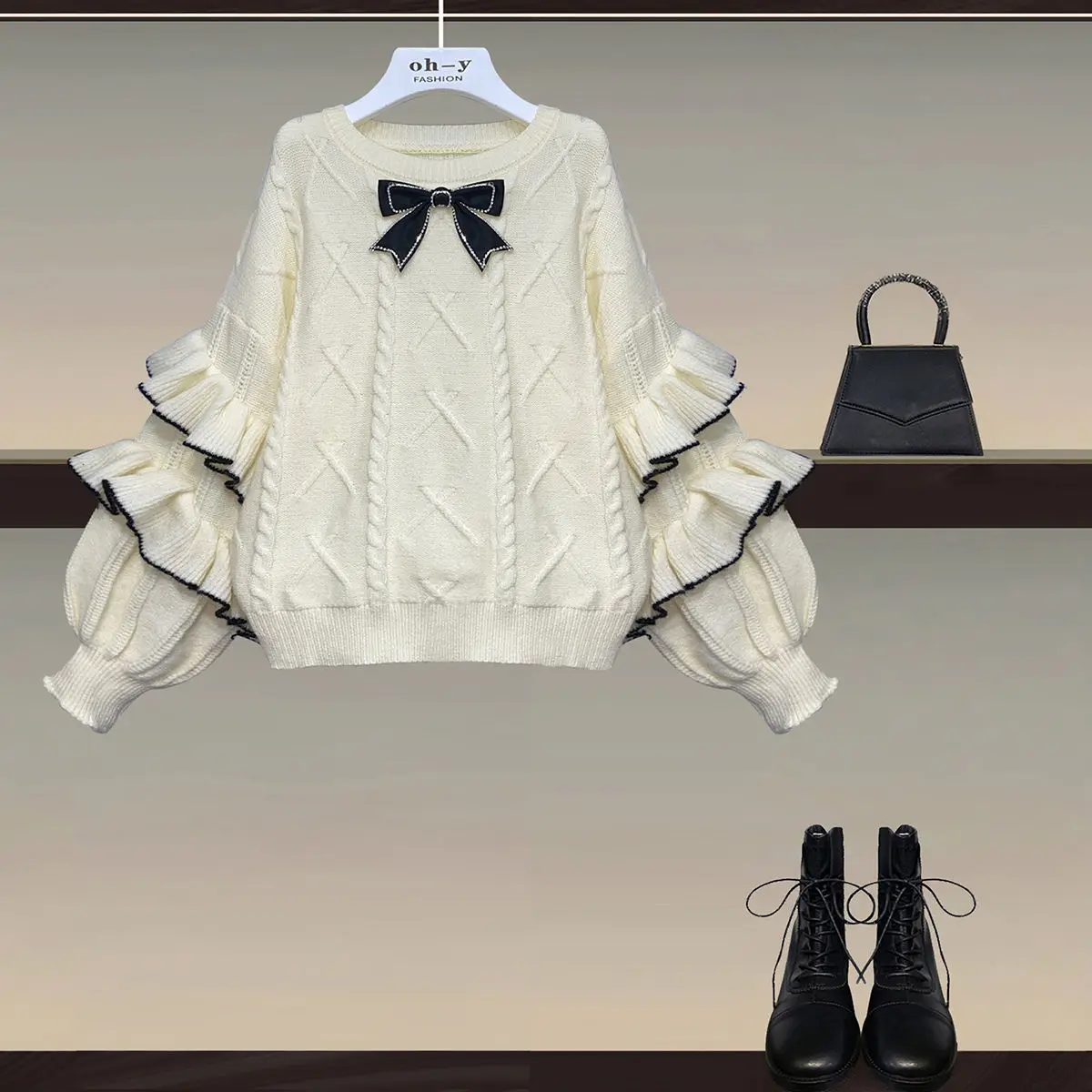 Spring and Autumn Set Women's 2023 New Korean Edition Slim Lantern Sleeves Knitted Sweater Half Skirt Two Piece Set