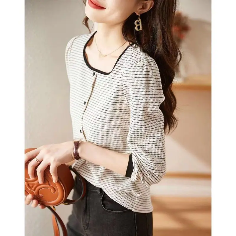 Suéter de manga larga a la moda francesa, suéter informal holgado de gran tamaño, Simple y versátil, cuello cuadrado, primavera y otoño, novedad de