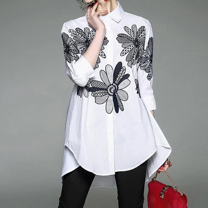 Korean Fashion Embroidery Solid Color Loose Shirt for Female Spring Casual Long Sleeve Single-breasted Blouse Women's Clothing