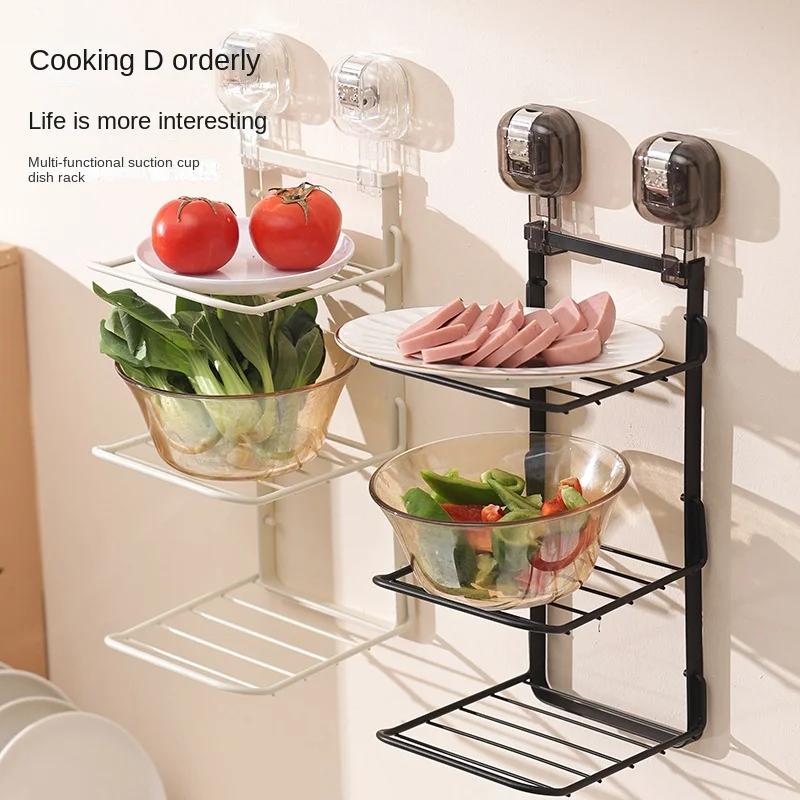 Suction Cup Kitchen Dish Storage Rack, Multi-layer Side Dish Storage Rack, Household Folding Non Perforated Storage Rack