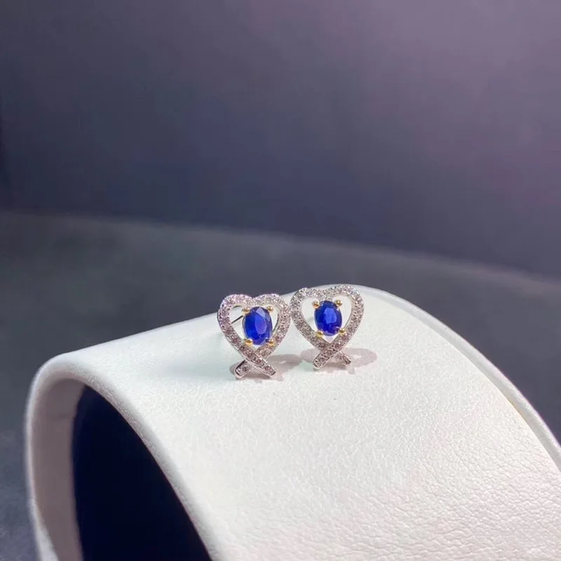 New trendy heart-shaped, full-diamond, simulated sapphire stud earrings for women Fashionable colored gemstone earrings