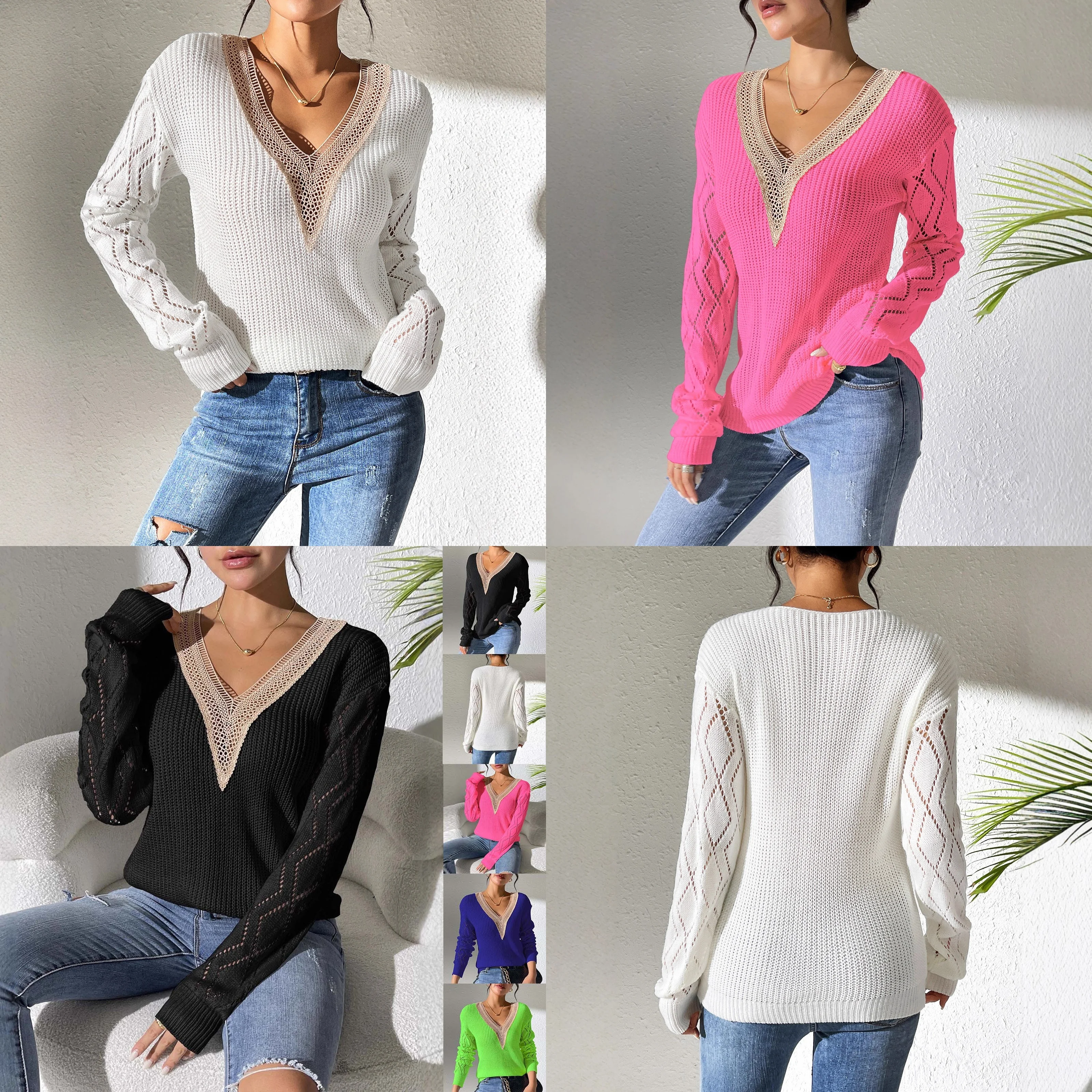 Damen V-Ausschnitt Bluse Spitze Patchwork Ausgehöhlter Strickpullover T-Shirt Frühling Sommer Oberteile