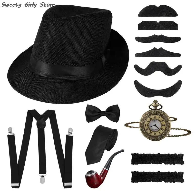 

1920S Men Role Play Set Performance Costume Gangster Story Telling Suit Hat Belts Tie Old Man Grandpa Jazz Dance Show