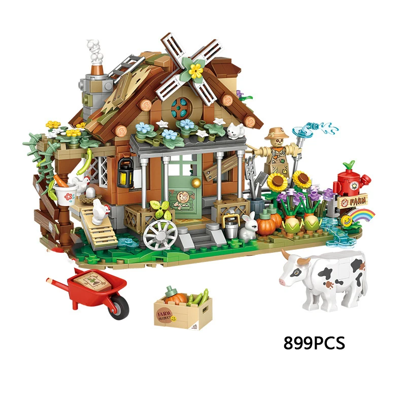 

Creative City Street View Mini Block Farm Hut Windmill Construction Building Brick Farmer Figures House Streetscape Toy For Gift