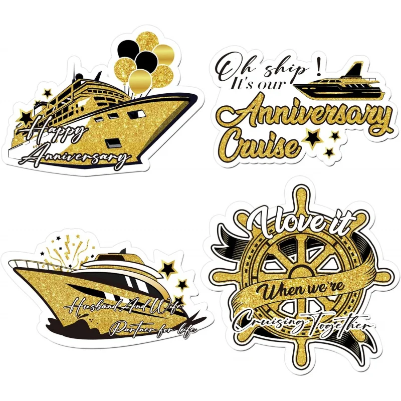4 Pcs Happy Anniversary Cruise Door Magnet Decor Black Gold Theme Magnets for Wedding Party Fridge Car Kitchen Garage
