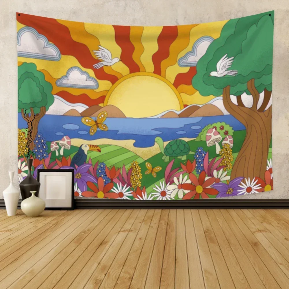 

Retro 70s Tapestry Floral Pattern Rainbow Sun Landscape Abstract Art 60s Vintage Boho Home Decor Wall Hanging 180x320cm