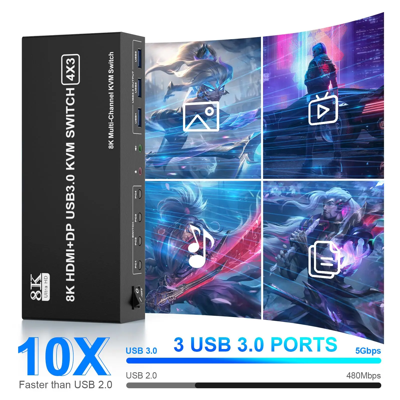 KVM Switch 3 Monitor 4 komputer 8K @ 60Hz, 2 HDMI + 1 Displayport KVM Switch Triple Monitor untuk 4 PC Share 3 Monitor 3 USB3.0 Port