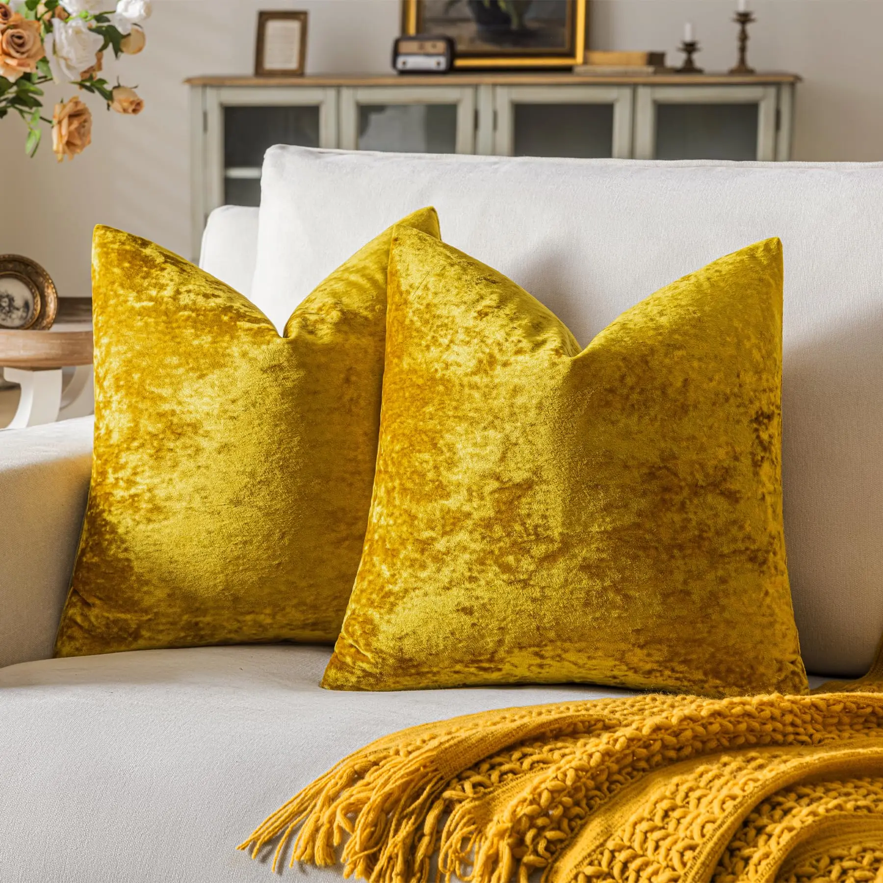 Set of 2 Velvet Throw Pillow Covers 18x18,Soft Neutral Accent Pillow Cases with Vintage Textured Farmhouse Couch Cushion Covers