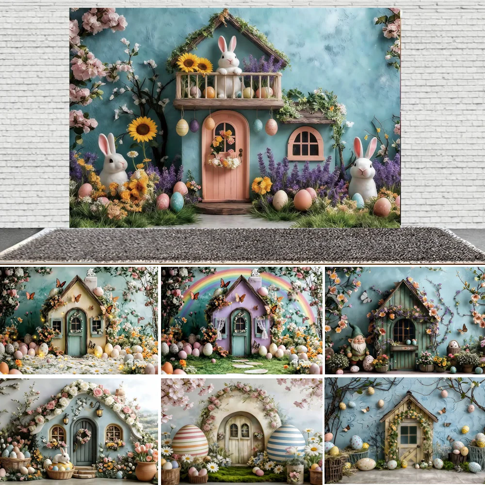 

Spring Easter Photography Backdrop Flowers Little House Colorful Eggs Baby Kids Portrait Birthday Party Decor Photo Background