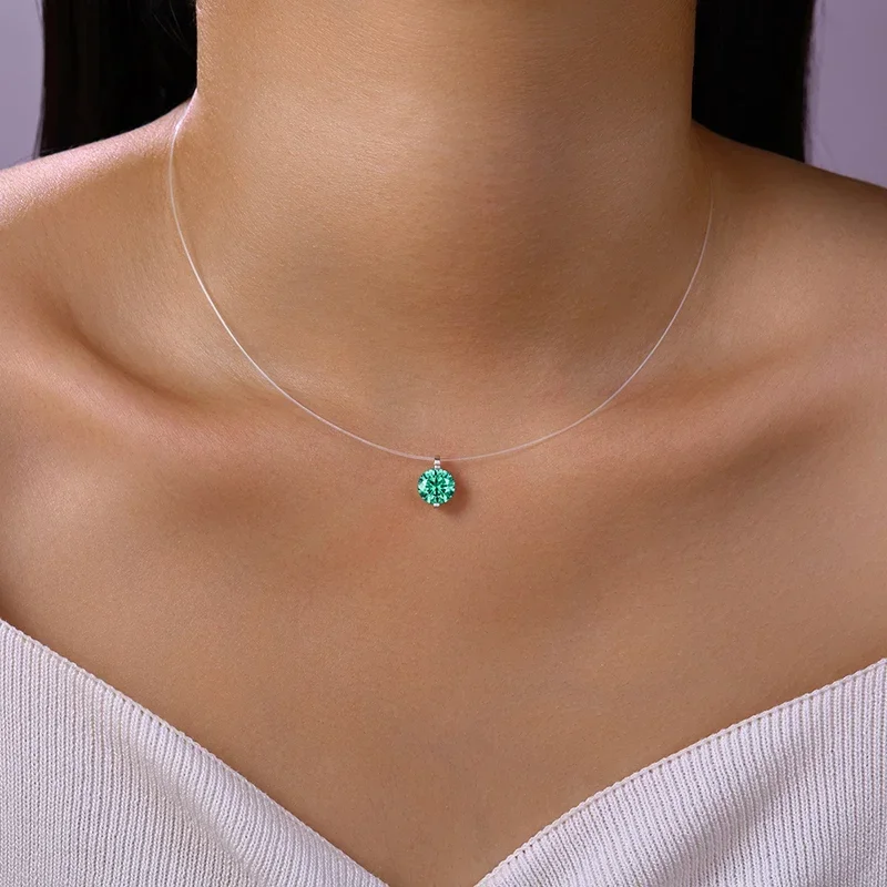 

JIUZUAN 05/1/2/3ct Round Aqua Blue Moissanite Pendant Necklace S925 Silver Invisible Wire Minimalist Style Daily Necklace