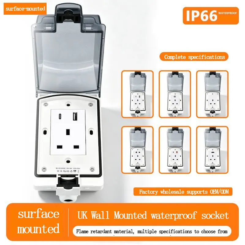 Outdoor IP66 Waterproof Box Socket 13A British Three-Hole with 2 USB Type-C Quick Charging Outdoor Rainproof Splash Proof Box