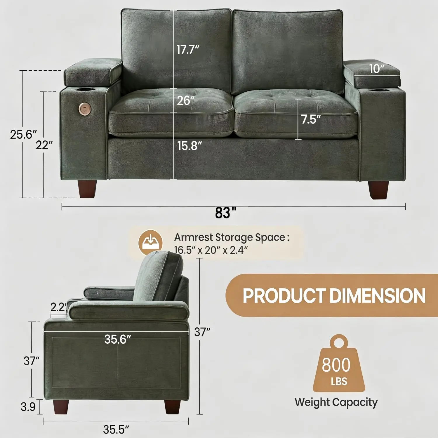 Chenille Loveseat With Adjustable Armrest, Storage, Cup Holder, USB-C Charging, Small Space Sofa, 84