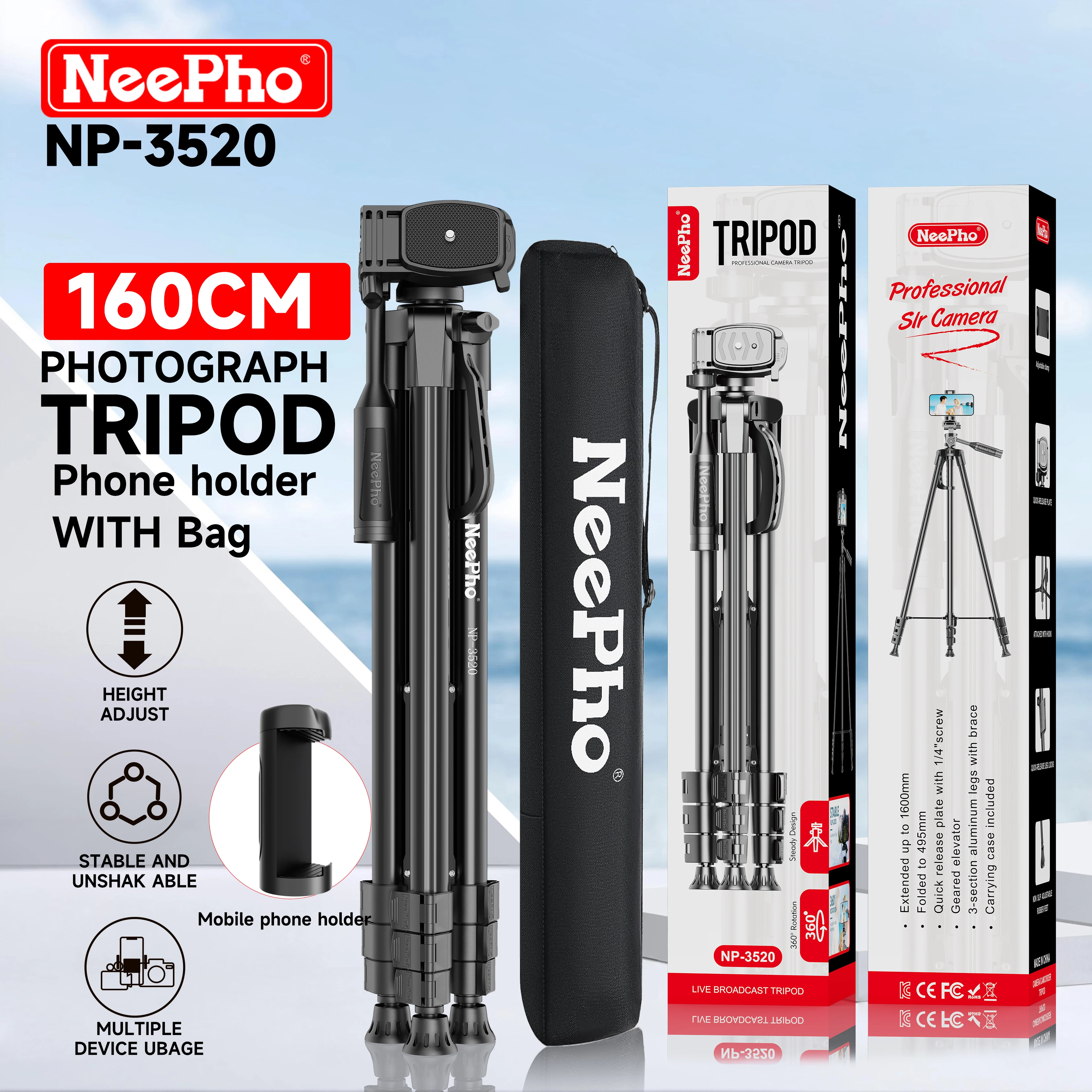 NeePho 160cm 3-Wege-Schwenkkopf-Stativ mit Handyhalterung, Leichtes Kamerastativ aus Aluminiumlegierung NP-3520