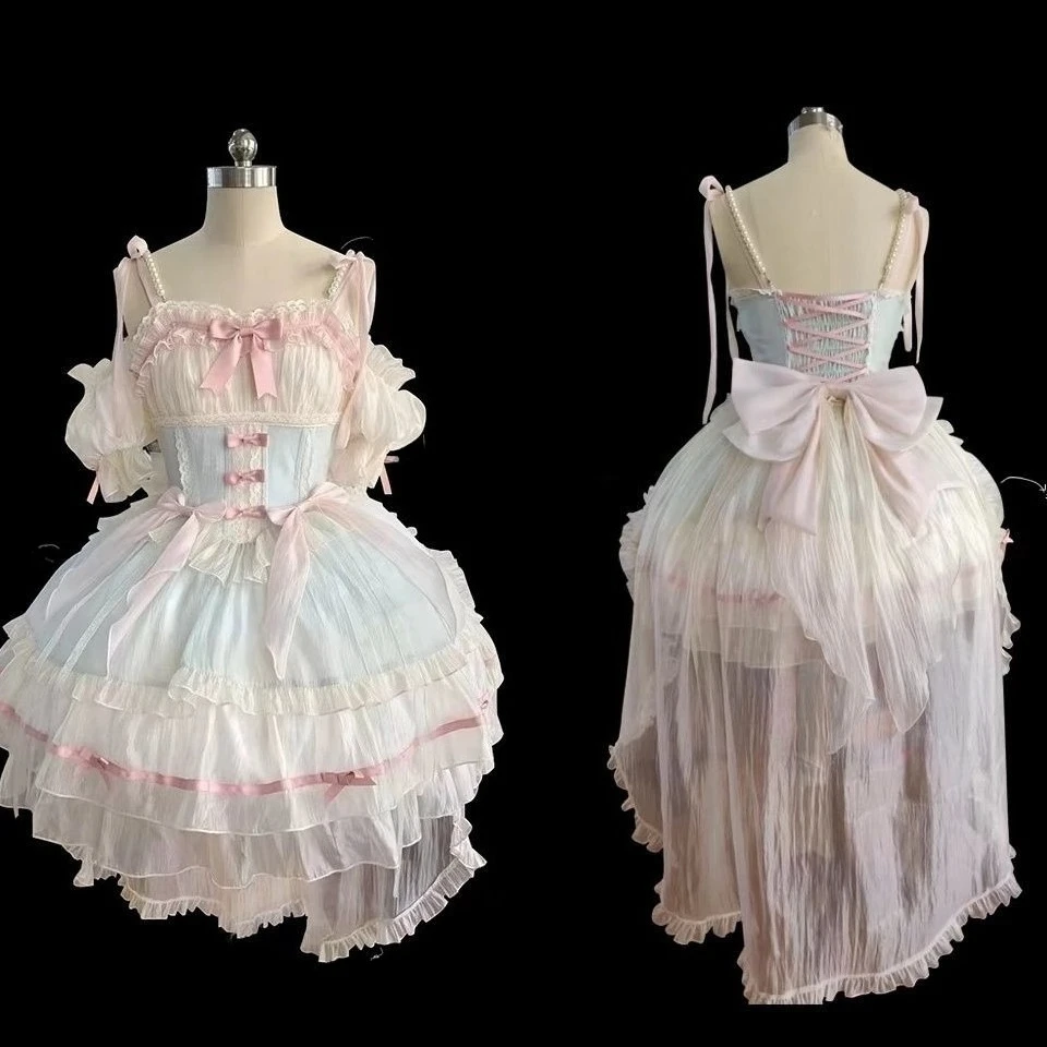 Zomer Sweet Lolita Y2k Mini-jurken Dames Kant Patchwork Korte mouw Elegante bandage Franse vintage korte feestjurk Vrouwelijk