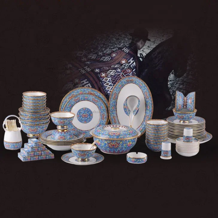 

European-style luxury 83 high-end bone china set enamel porcelain blue ceramic tableware