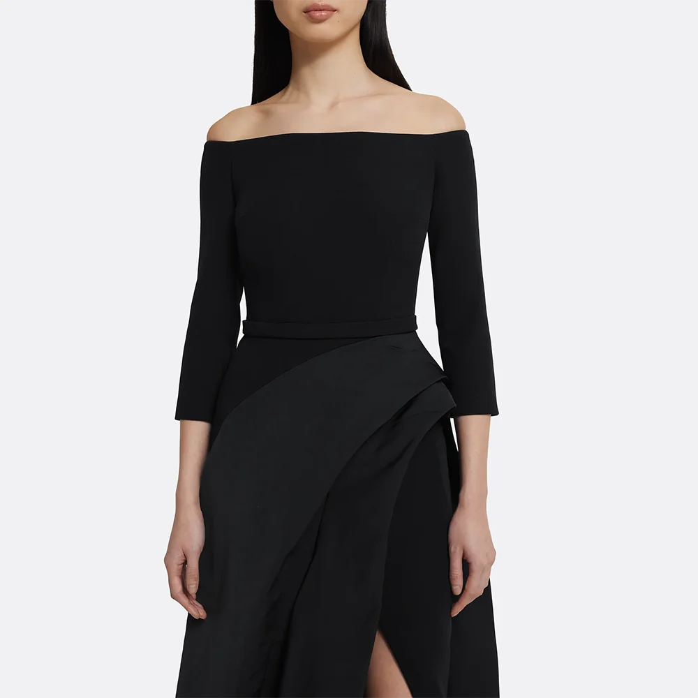 Schwarzes Abendkleid, maßgeschneidert, schulterfrei, 3/4-Ärmel, Abendkleider für Damen, 2022, A-Linie, Oberschenkelschlitz, lange Ballkleider