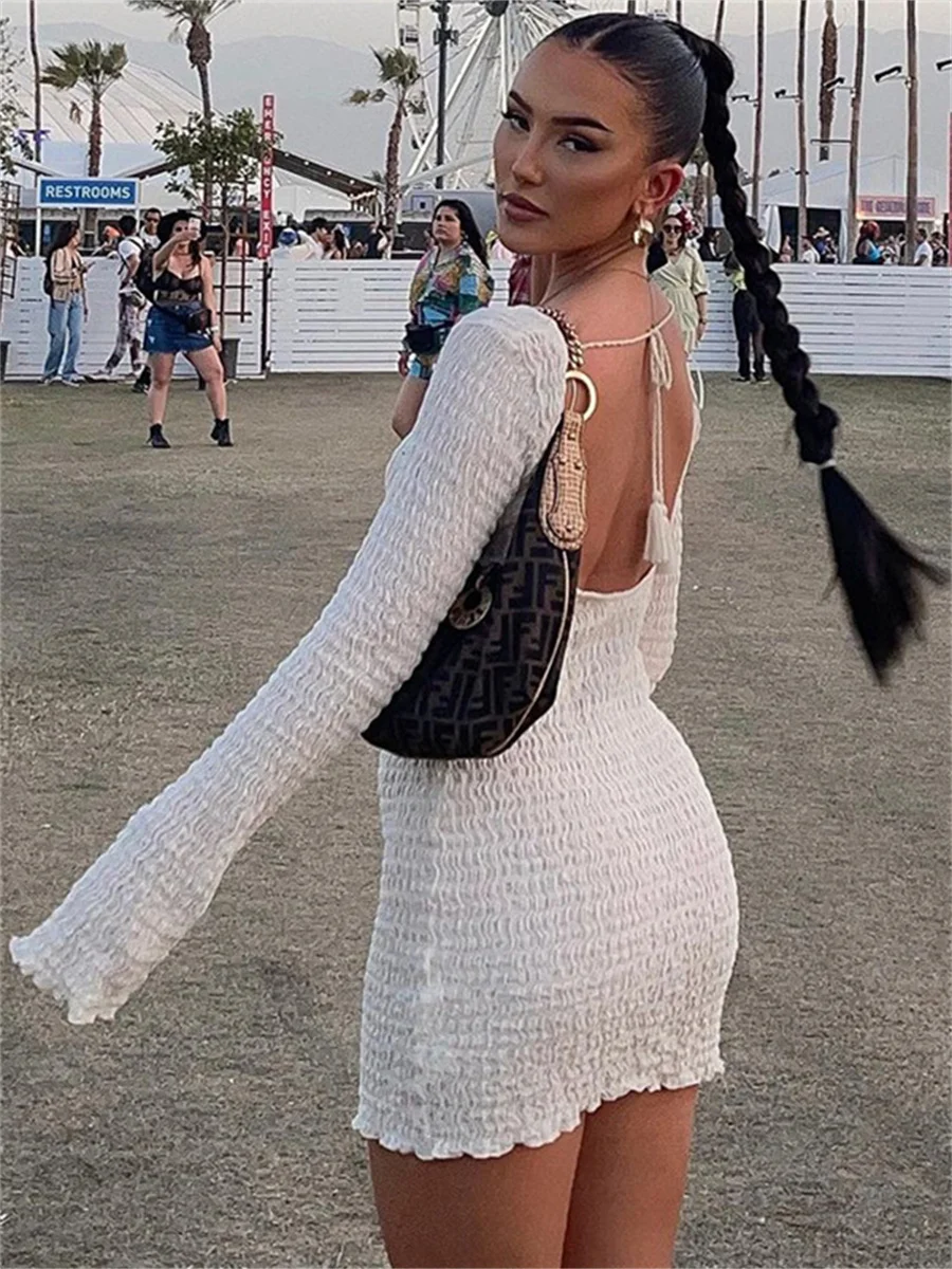 wsevypo Backless Bandage White Beach Dress 2022 New Holiday Casual Streetwear Women Long Sleeve O-Neck Wrap Short Dresses