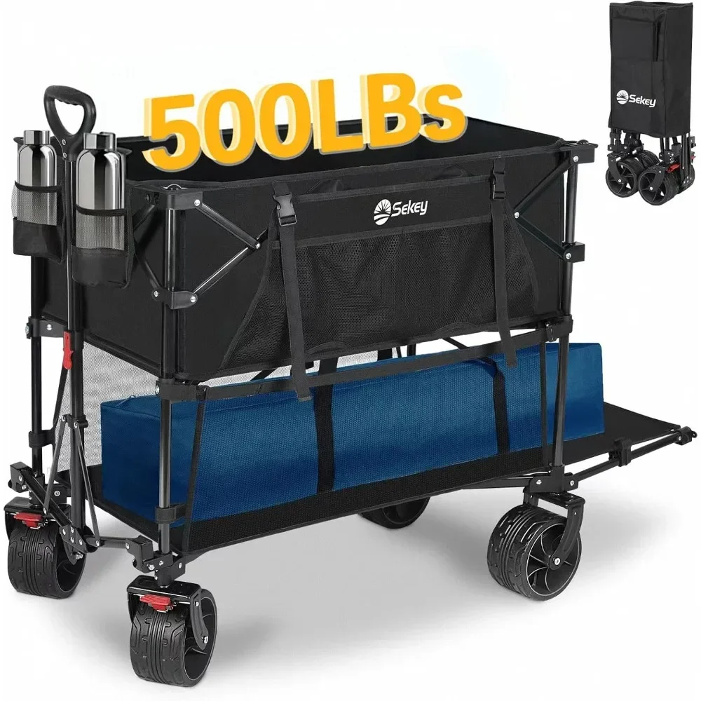 

400L Double Decker Beach Wagon 50''L Extra-Long Extended Shelf, Collapsible Wagon Cart with 500lbs Capacity, Heavy Duty Wagon