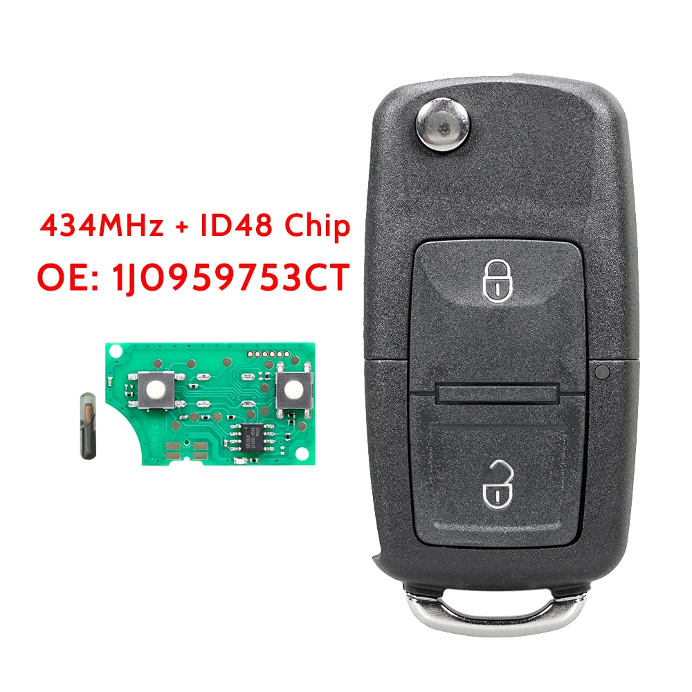 2 Button 434MHz Car Remote Control Key for VW BORA GOLF 4 POLO T4- 1J0959753CT