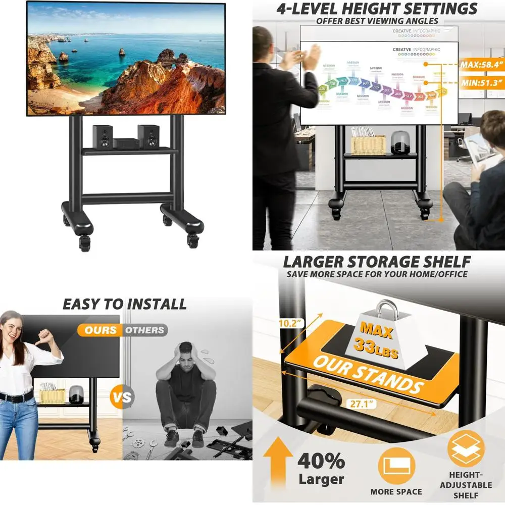 

Регулируемая по высоте мобильная подставка для телевизоров 50-92 дюймов, усиленная конструкция с полками, подходит для гостиной, офиса, выставок