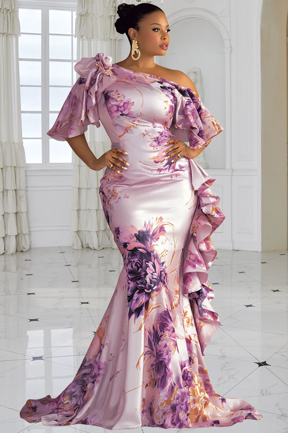 

Floral Print One Shoulder Mermaid Gown Ruffle Trim Satin Formal Evening Dress Elegant Plus Size Wedding Guest Dress for Women